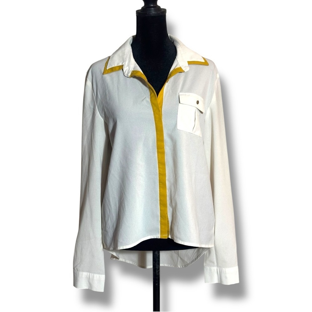 Timing White/Cream and Mustard Details Button Down Notched Collar Sheer Blouse